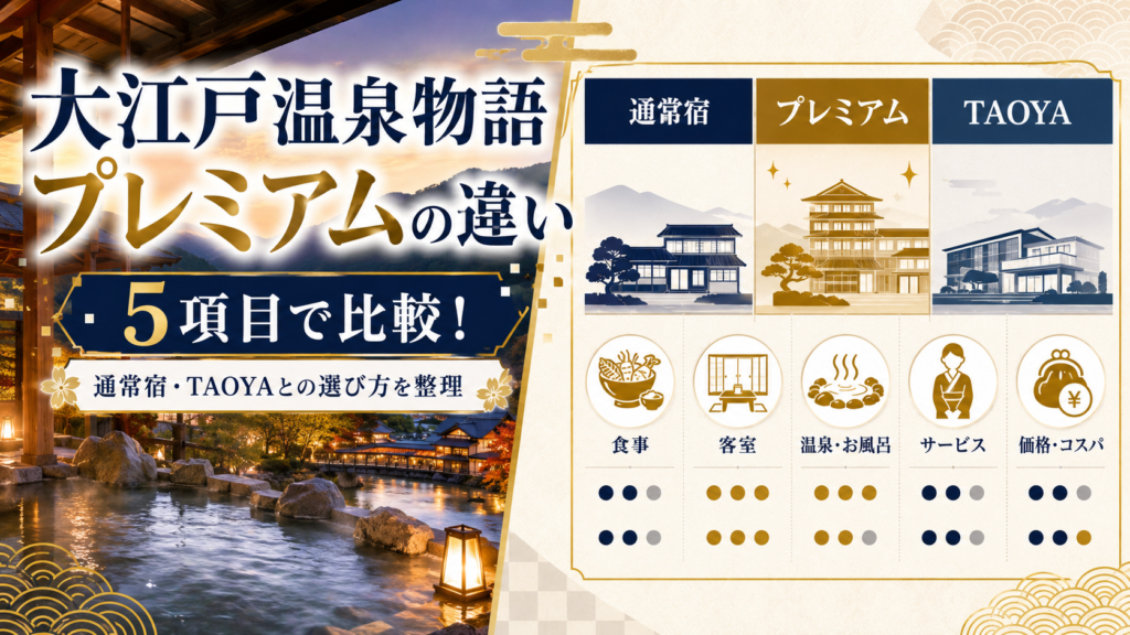 大江戸温泉物語 プレミアム違いを5項目で比較！通常宿やTAOYAとの選び方を整理