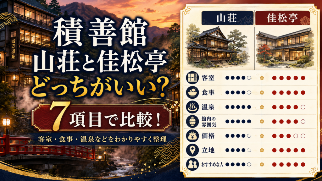 積善館の山荘と佳松亭はどっちがいい？ 客室や食事など7項目で比較